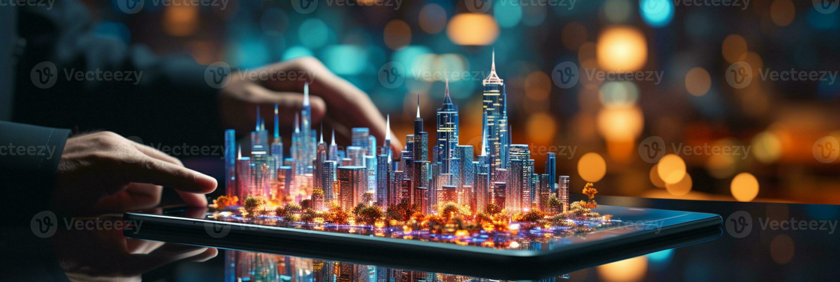Businessman hands touch on virtual futuristic cyber city, network system, digital future and innovation in city, technology information, AI Generative photo