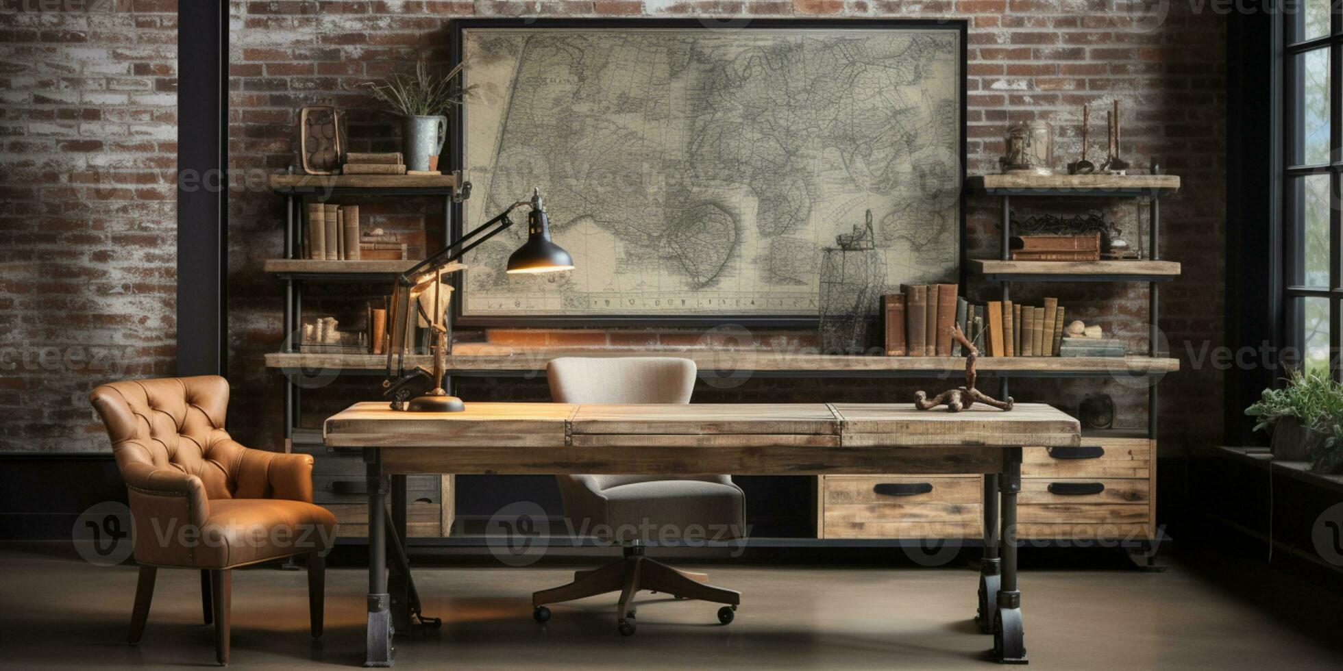 estilo industrial hogar oficina con un regenerado madera escritorio diseño y un estante para libros, ai generativo foto