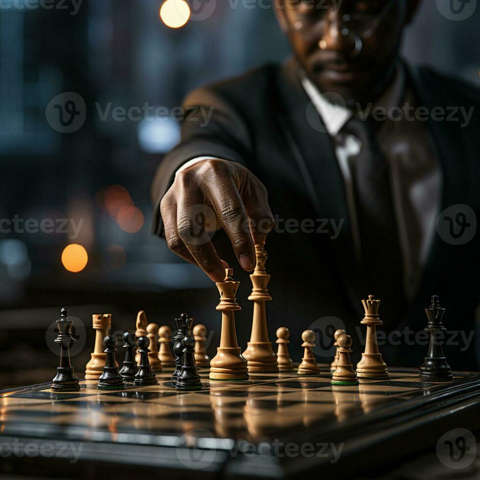Businessman control chess game concept for ideas business strategy management, development new strategy plan, leader and teamwork, planning for competition, AI Generative photo