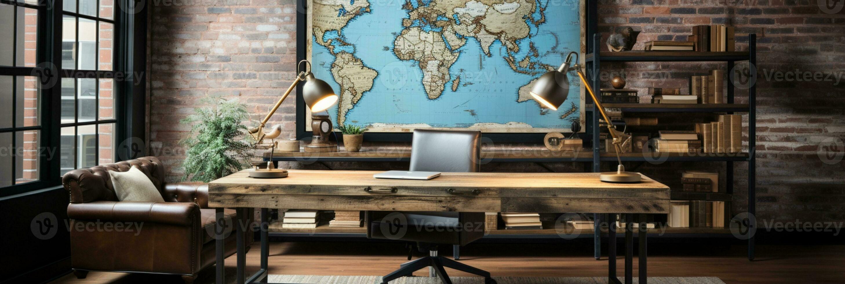 Industrial-style home office with a reclaimed wood desk Design and a bookshelf, AI Generative photo