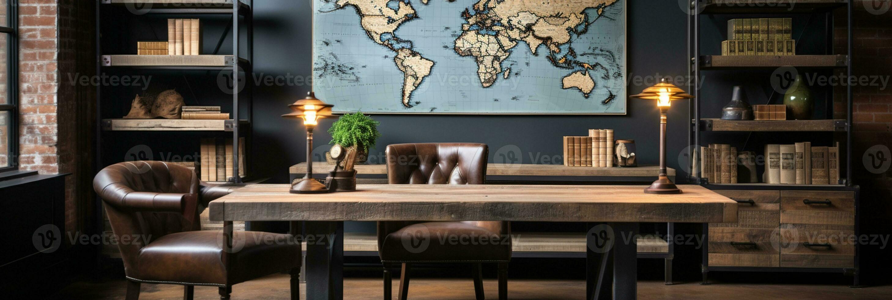 Industrial-style home office with a reclaimed wood desk Design and a bookshelf, AI Generative photo