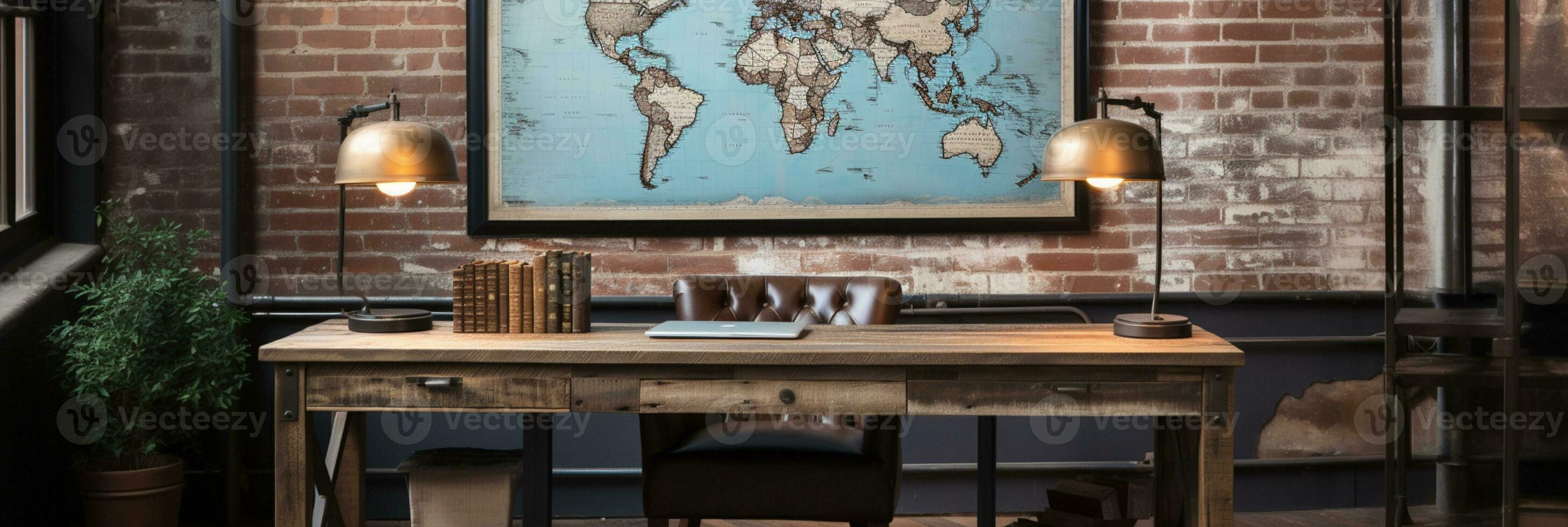 Industrial-style home office with a reclaimed wood desk Design and a bookshelf, AI Generative photo