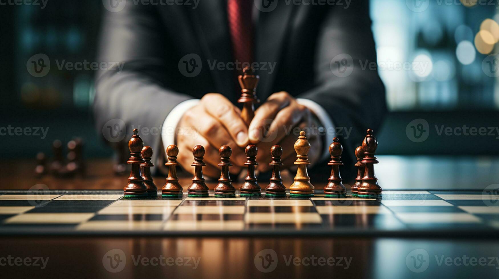 Businessman control chess game concept for ideas business strategy management, development new strategy plan, leader and teamwork, planning for competition, AI Generative photo