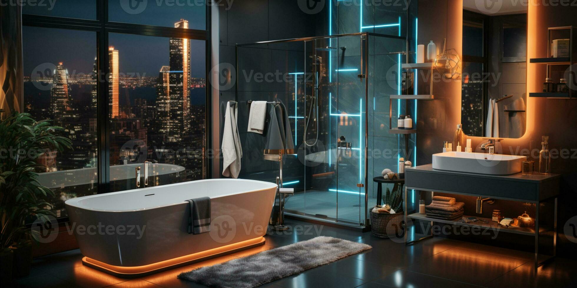 interior diseño de elegante baño, lujo bañera, romántico atmósfera,, ai generativo foto