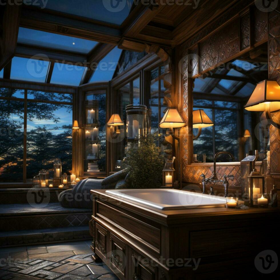 Interior Design of Elegant Bathroom, Luxury bathtub, Romantic Atmosphere, AI Generative photo
