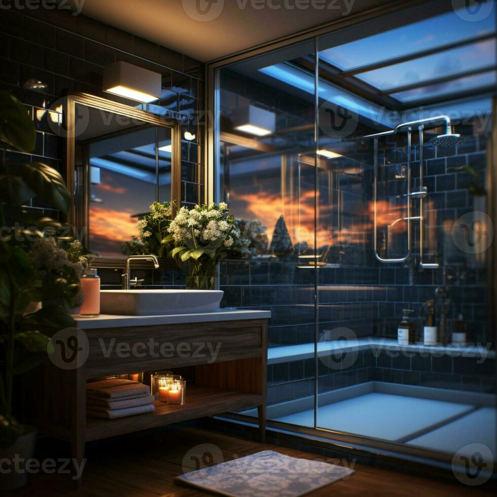 Interior Design of Elegant Bathroom, Luxury bathtub, Romantic Atmosphere, AI Generative photo