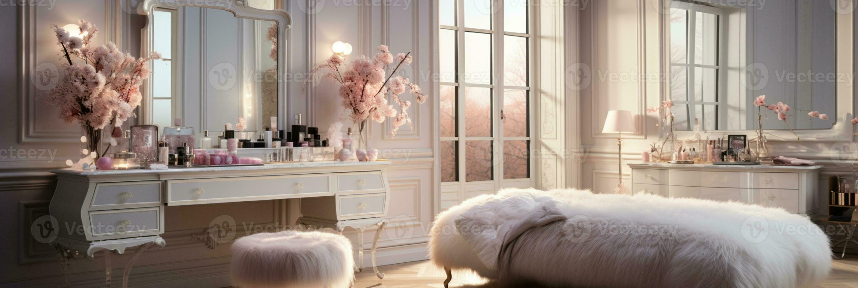 A Glamorous dressing room for a fashionista with a vanity table, glass window, feminine and luxurious space, Designer Delights, AI Generative photo