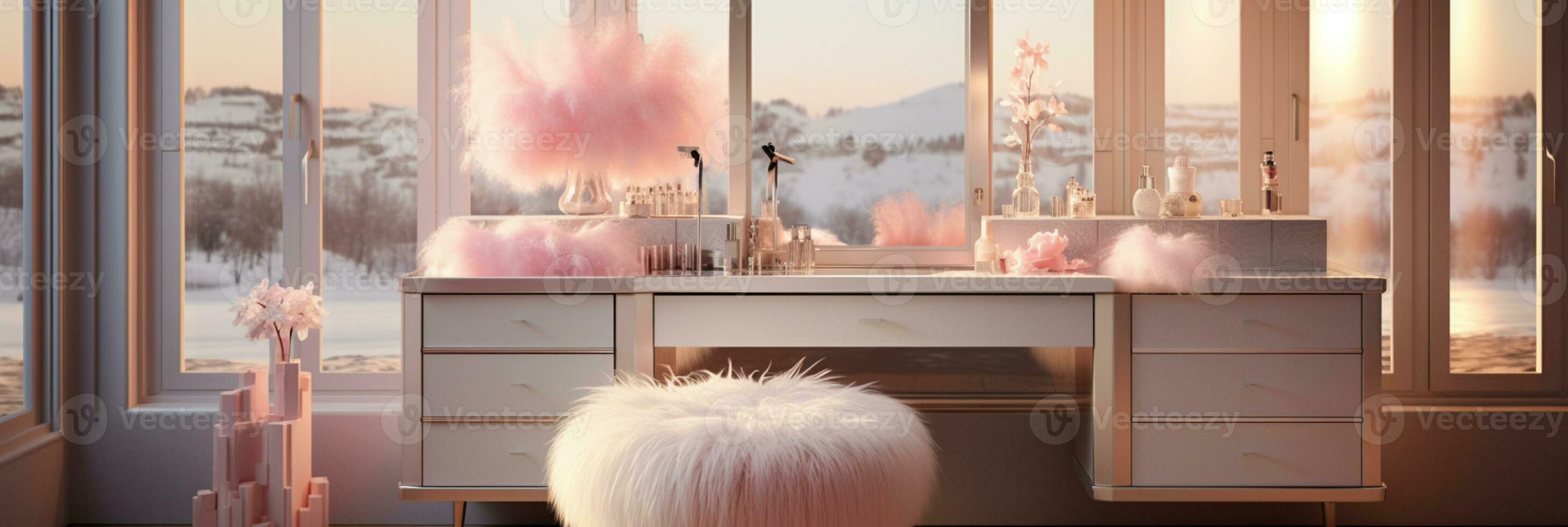 A Glamorous dressing room for a fashionista with a vanity table, glass window, feminine and luxurious space, Designer Delights, AI Generative photo