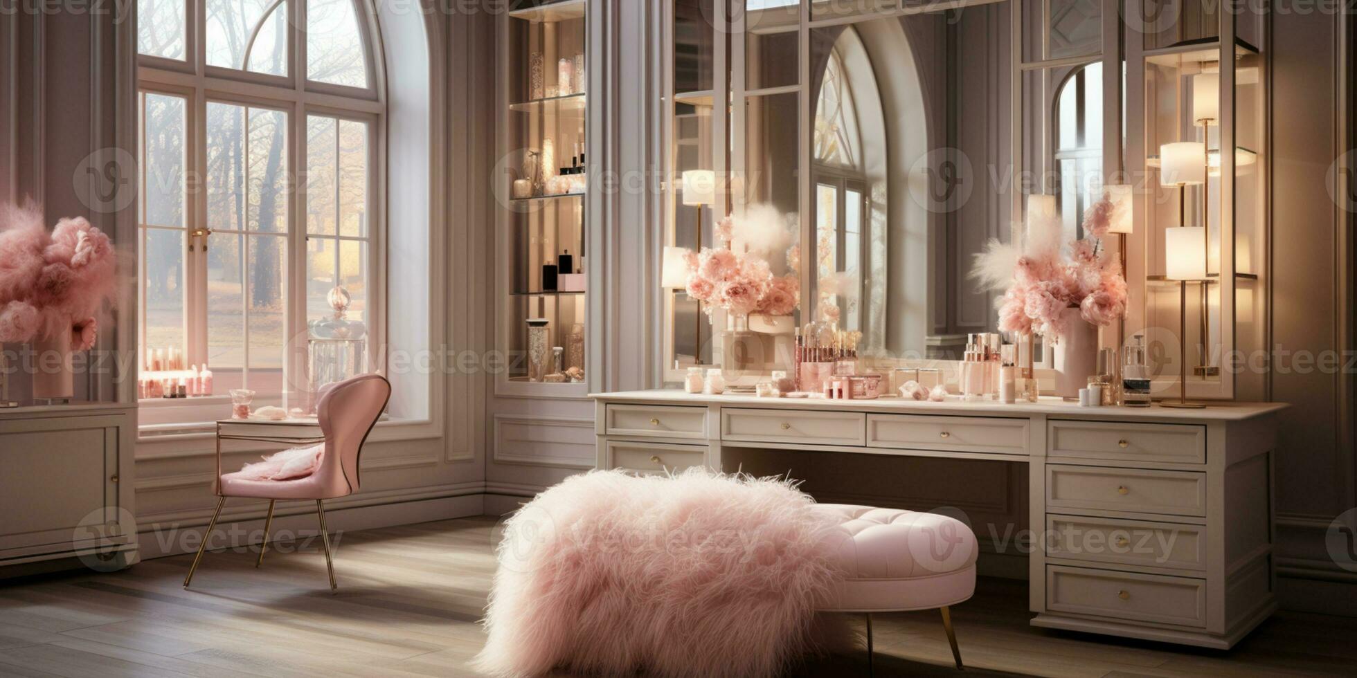 A Glamorous dressing room for a fashionista with a vanity table, glass window, feminine and luxurious space, Designer Delights, AI Generative photo
