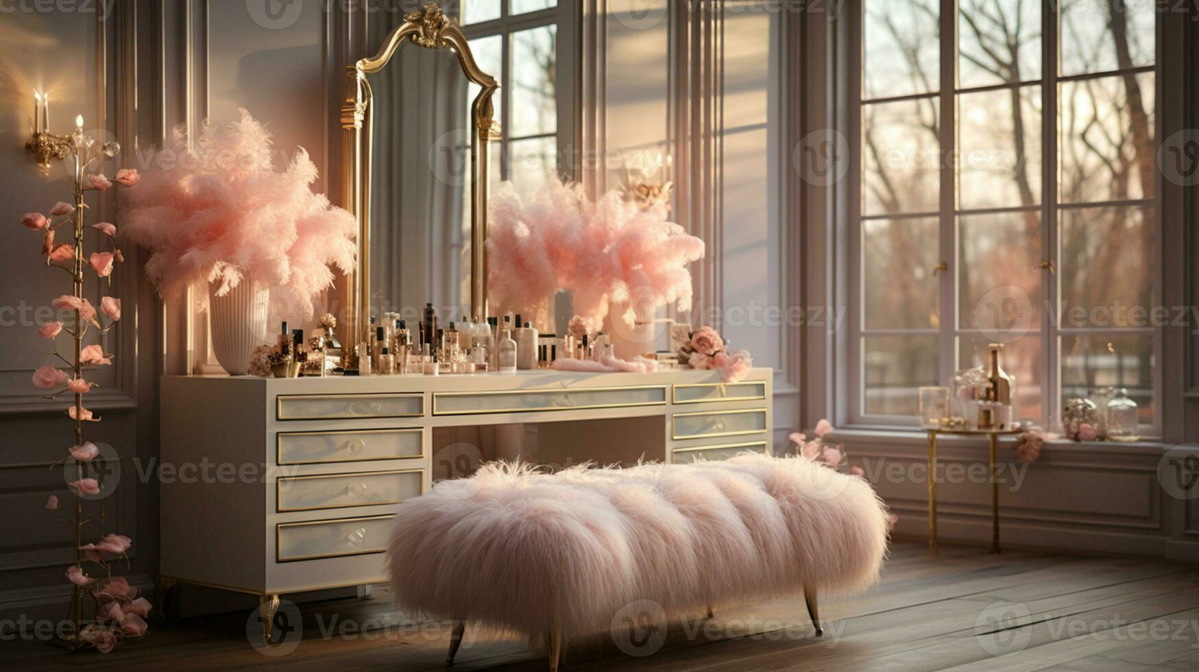 A Glamorous dressing room for a fashionista with a vanity table, glass window, feminine and luxurious space, Designer Delights, AI Generative photo