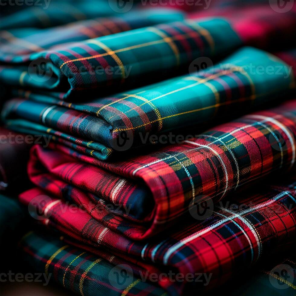 Texture of wrinkled, crumpled tartan fabric close-up, traditional Scottish clothing - AI generated image photo