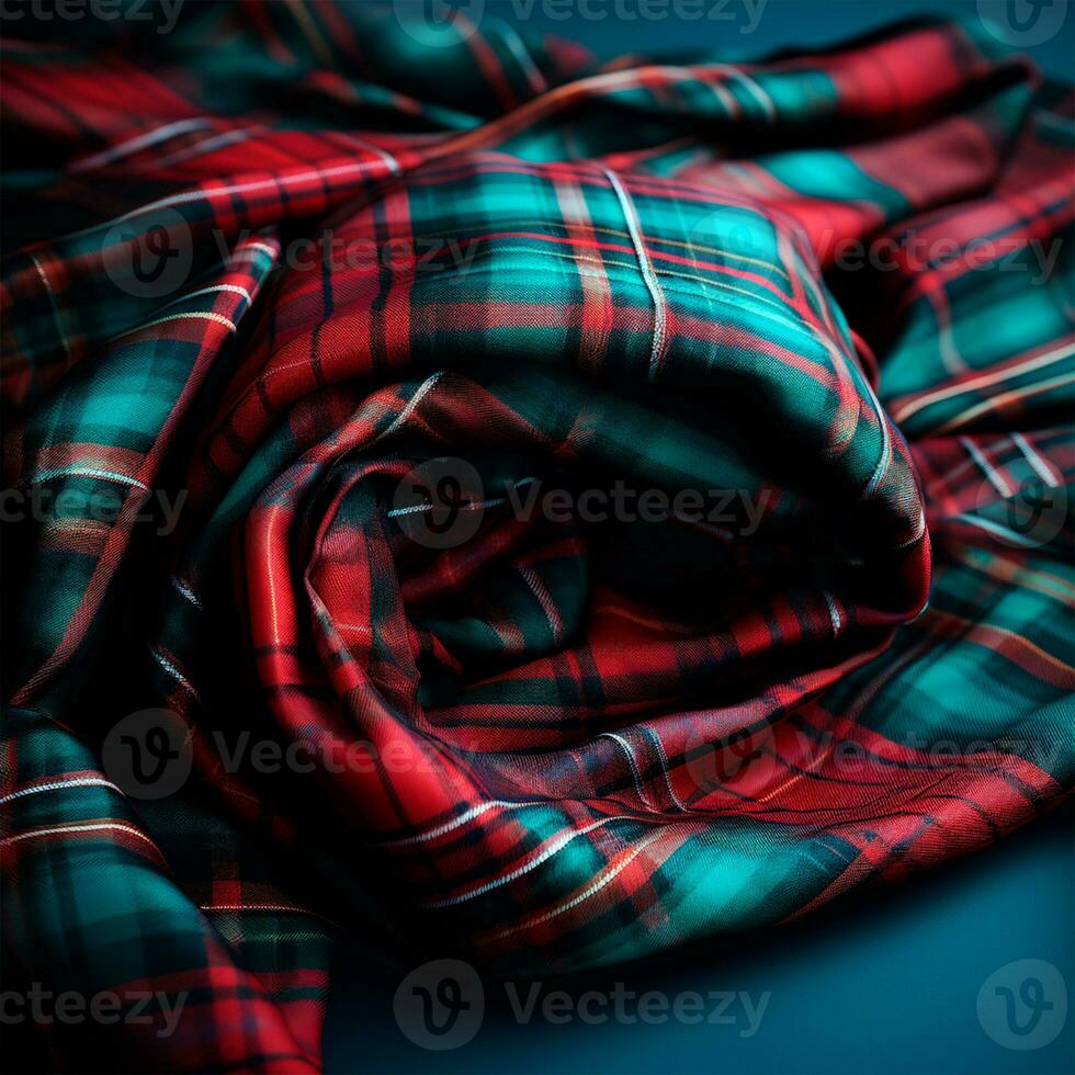 Texture of wrinkled, crumpled tartan fabric close-up, traditional Scottish clothing - AI generated image photo