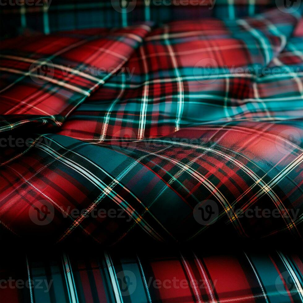 Texture of wrinkled, crumpled tartan fabric close-up, traditional Scottish clothing - AI generated image photo