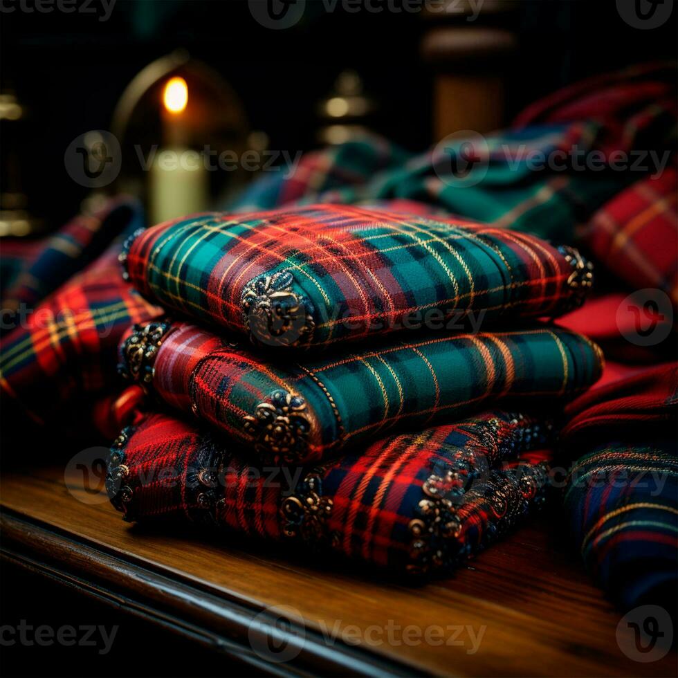 Texture of wrinkled, crumpled tartan fabric close-up, traditional Scottish clothing - AI generated image photo