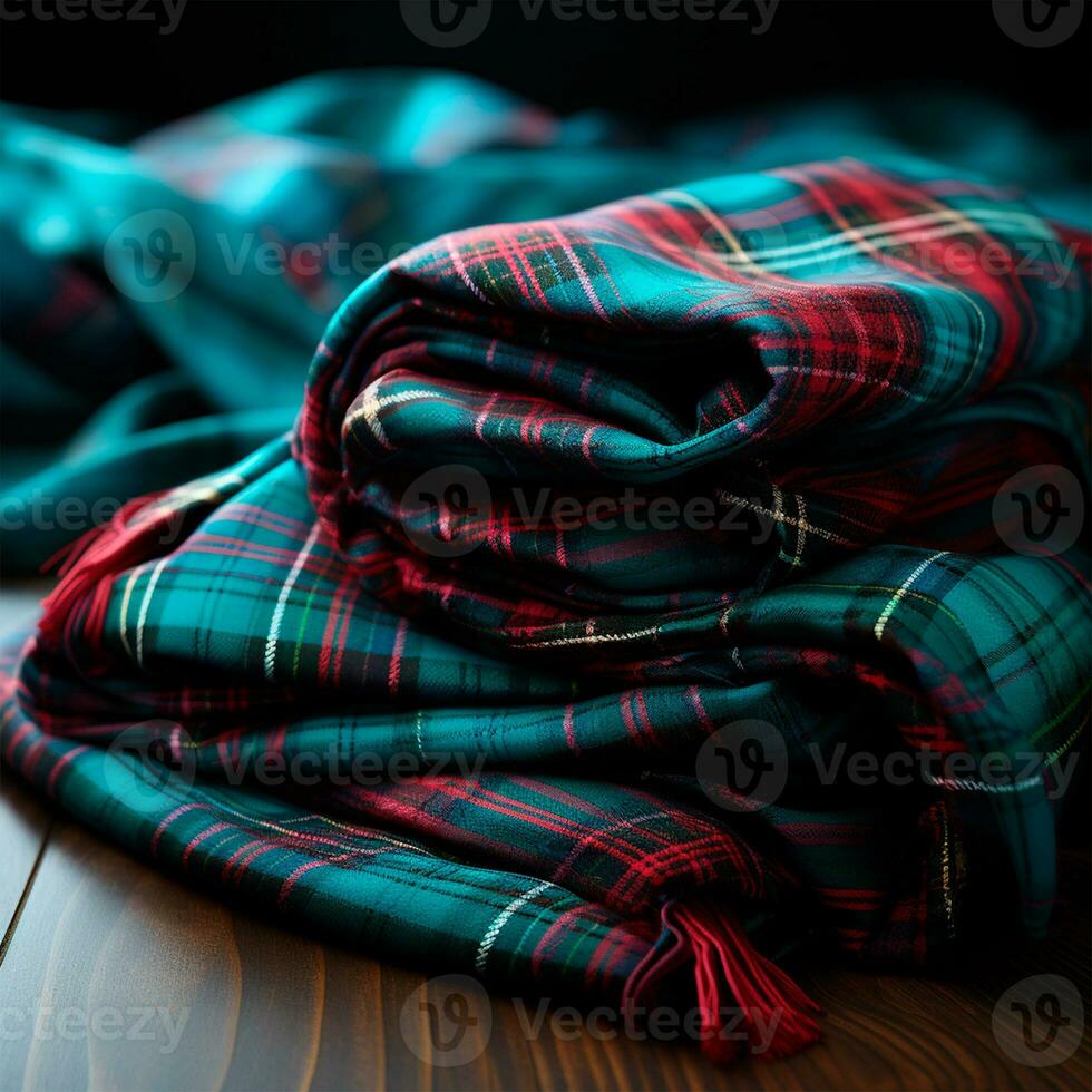 Texture of wrinkled, crumpled tartan fabric close-up, traditional Scottish clothing - AI generated image photo