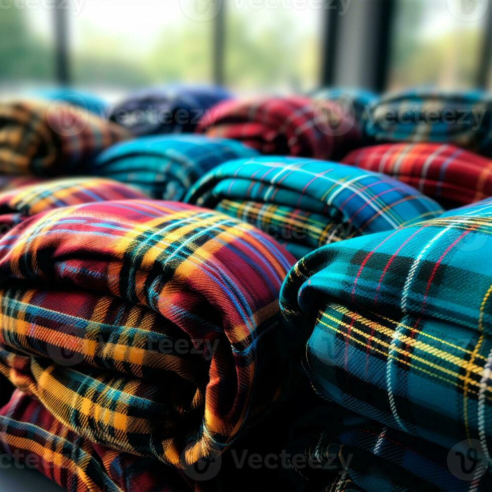 Texture of wrinkled, crumpled tartan fabric close-up, traditional Scottish clothing - AI generated image photo