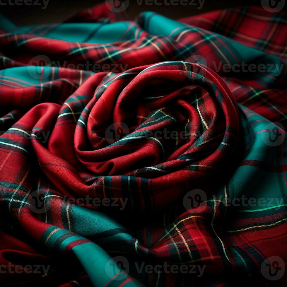 Texture of wrinkled, crumpled tartan fabric close-up, traditional Scottish clothing - AI generated image photo