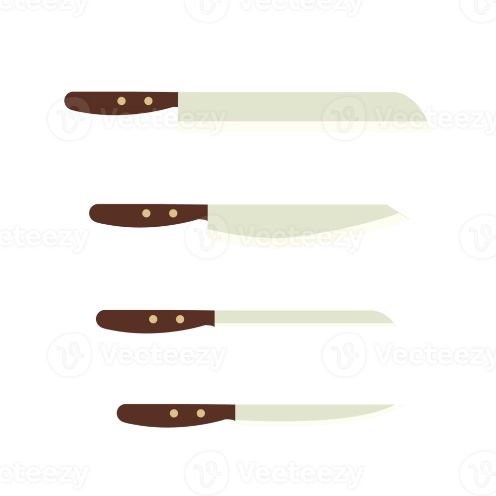 Set of kitchen knives clipart illustration. Knife with flat design plastic handle. png