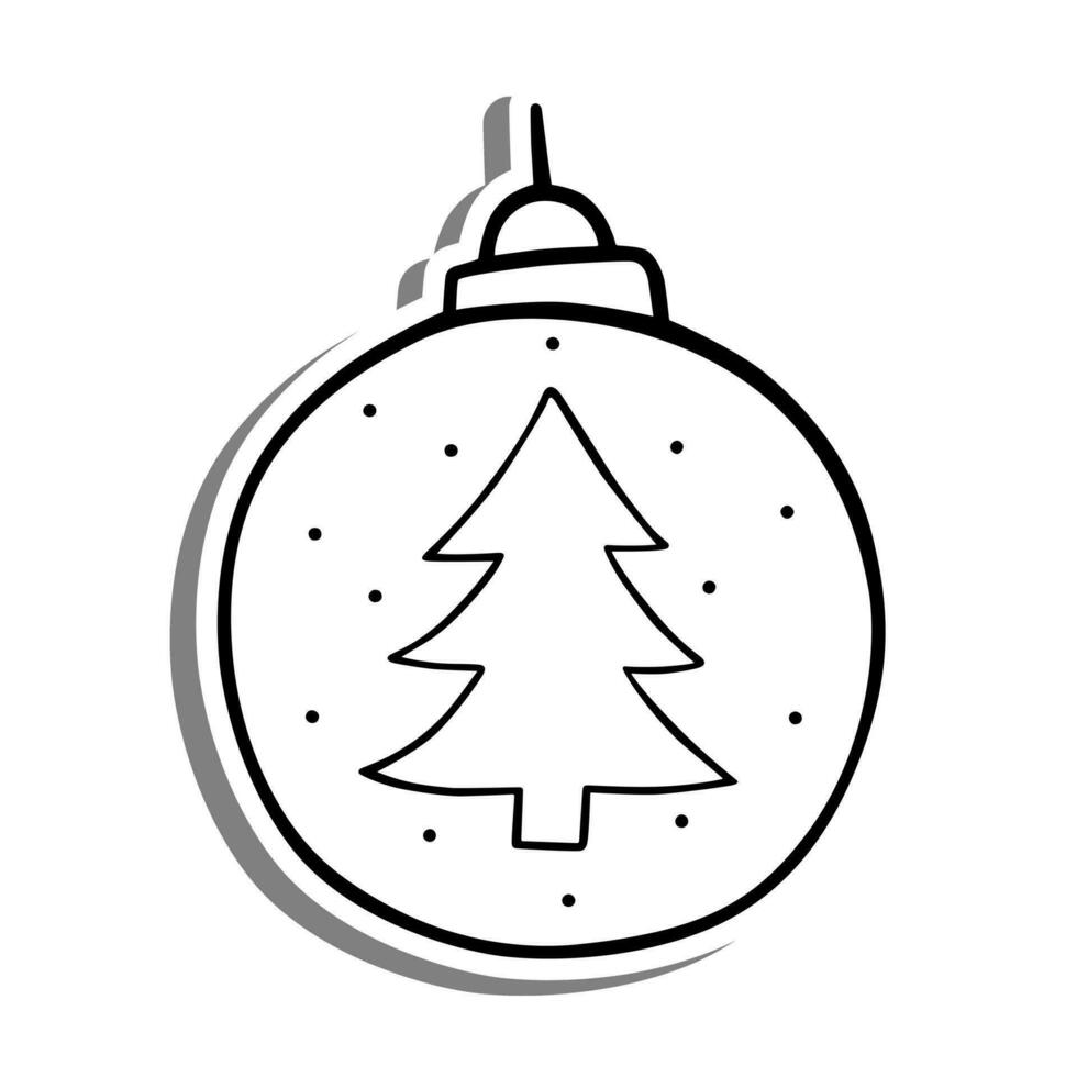 Pine Christmas Bauble Outline on white silhouette and gray shadow. Hand drawn cartoon style. Vector illustration for decorate and any design.