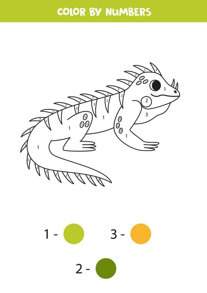 Color cartoon iguana by numbers. Worksheet for kids. vector