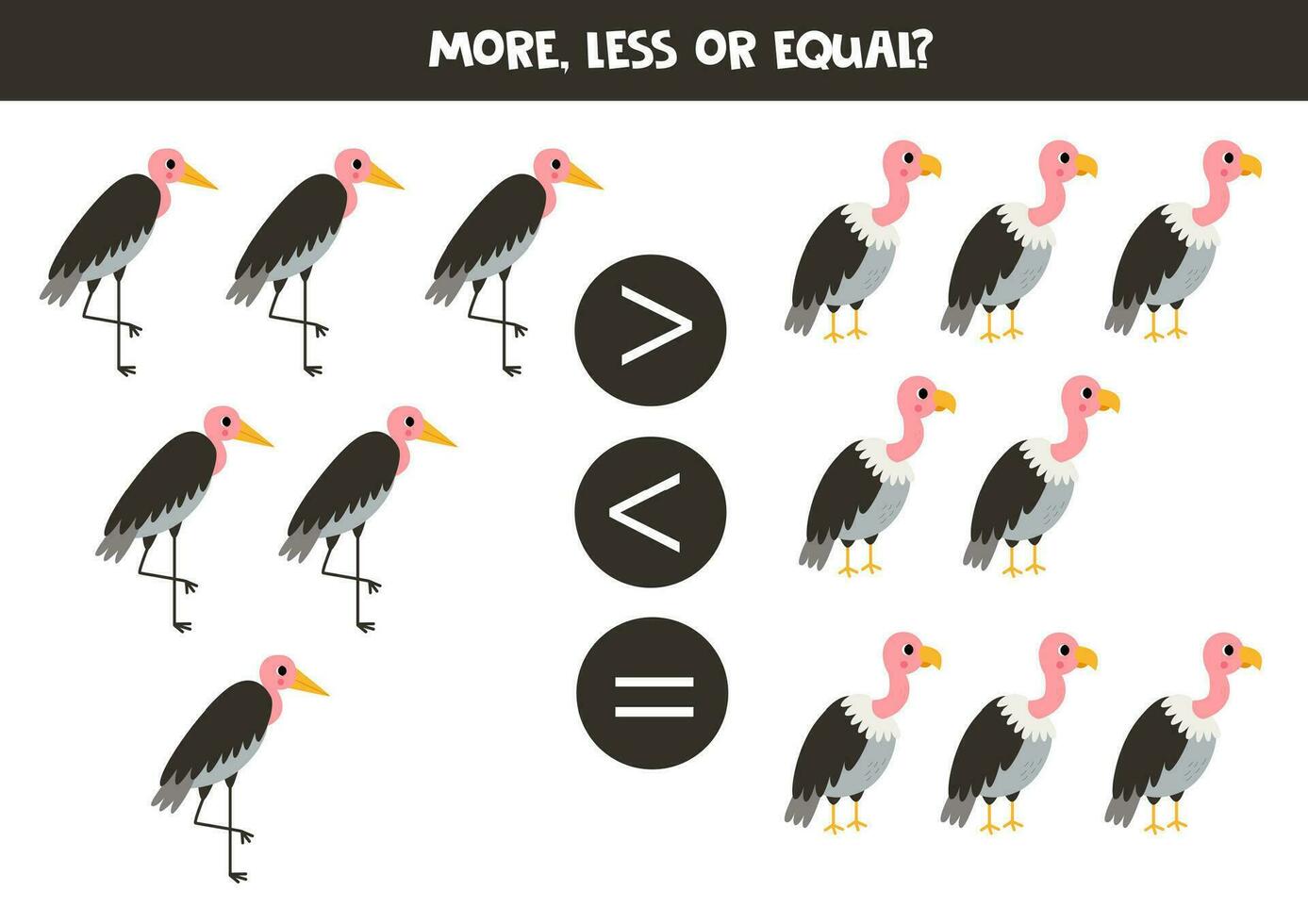 Grater, less or equal with cartoon marabous and vultures. vector