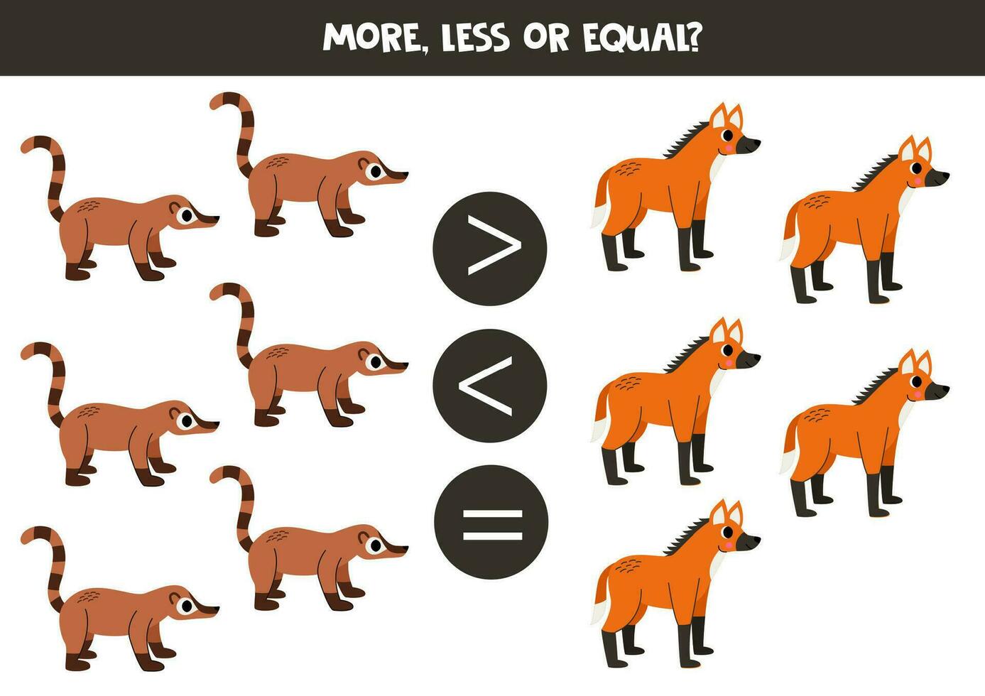 Grater, less or equal with cartoon coati and maned wolf. vector
