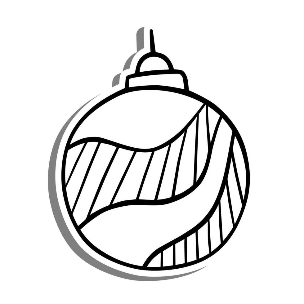 Wave Line Christmas Ball Outline on white silhouette and gray shadow. Hand drawn cartoon style. Vector illustration for decorate and any design.