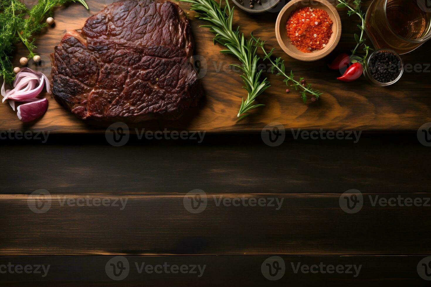 Wooden Table with Top View Steak Arrangement, Copy Space, ai generated photo