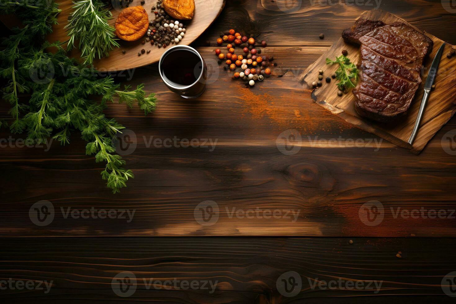 Empty Space for Text, Top View Steak on Wooden Table, ai generated photo