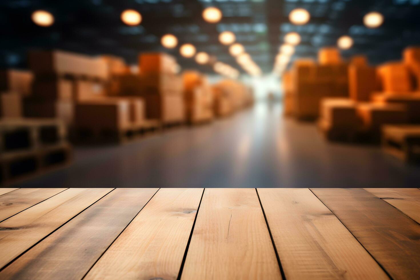 Empty Wooden Table Set with Warehouse Theme, Product Showcase, ai generated photo