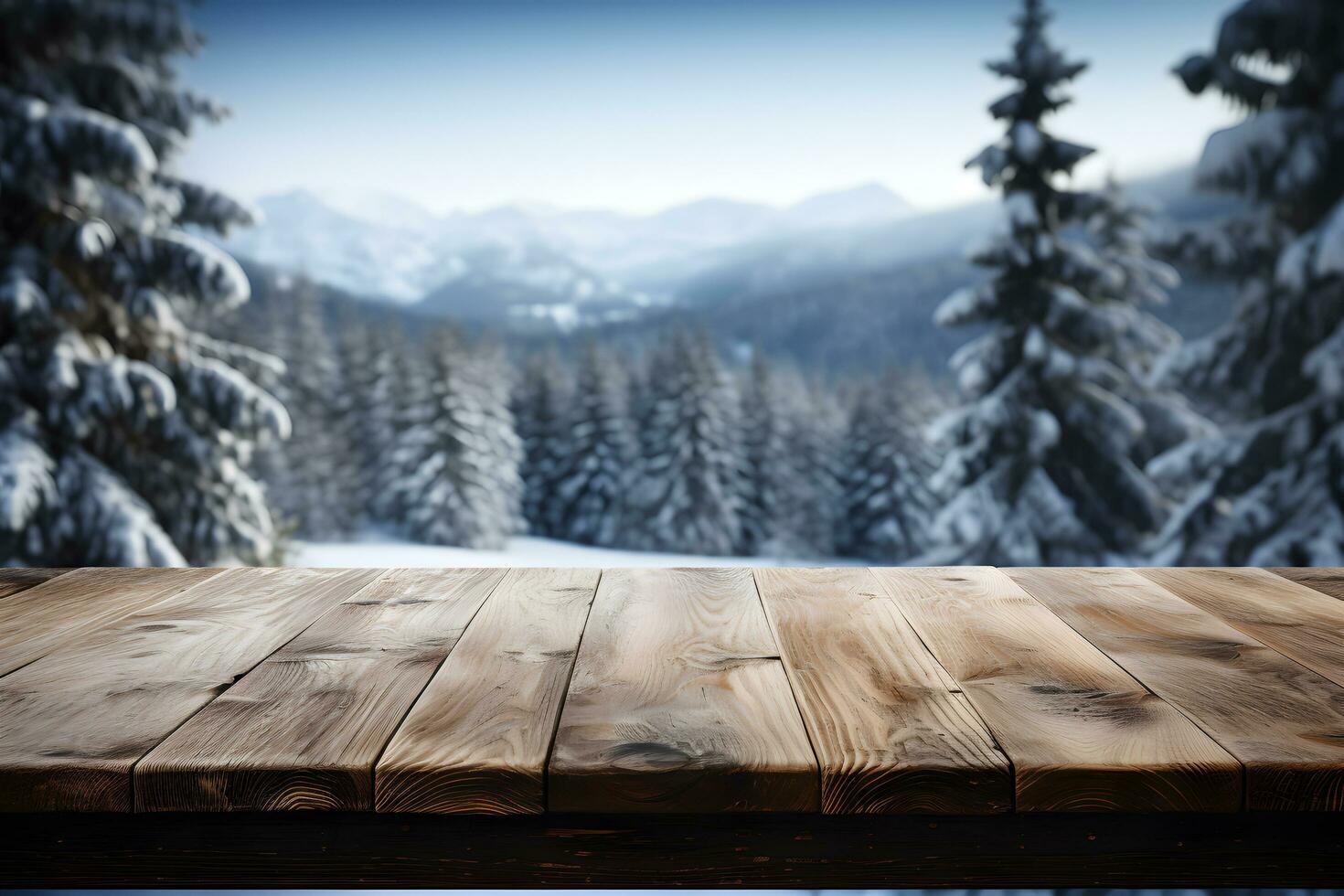 Wooden Table with Winter Mountain View, Ideal Banner Background, ai generated photo