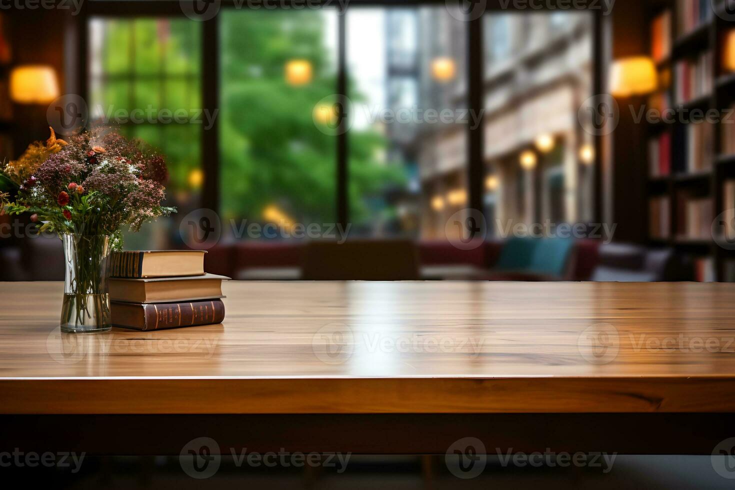 Vintage Book Decor on Empty Wooden Table, ai generated photo