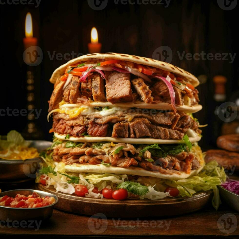 Chicken kebab with lettuce, tomato and cucumber on dark background generated AI photo