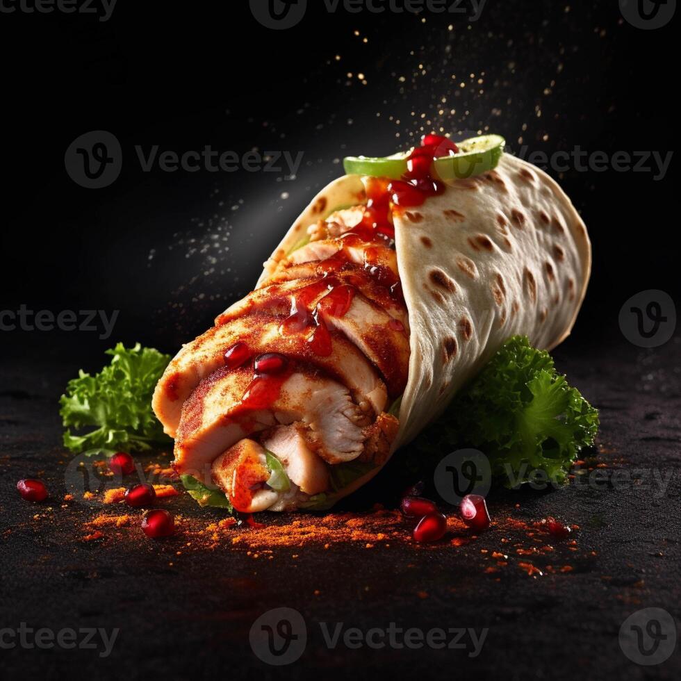 Chicken kebab with lettuce, tomato and cucumber on dark background generated AI photo