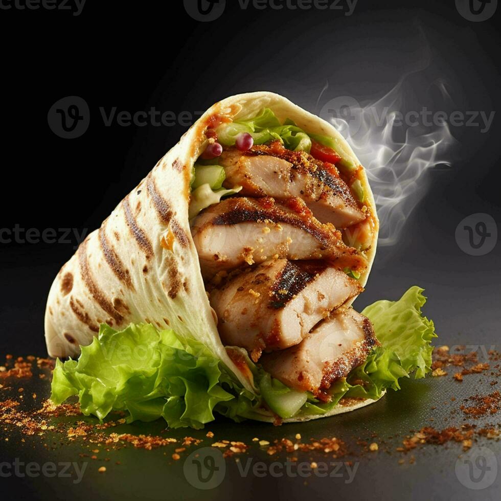 Chicken kebab with lettuce, tomato and cucumber on dark background generated AI photo