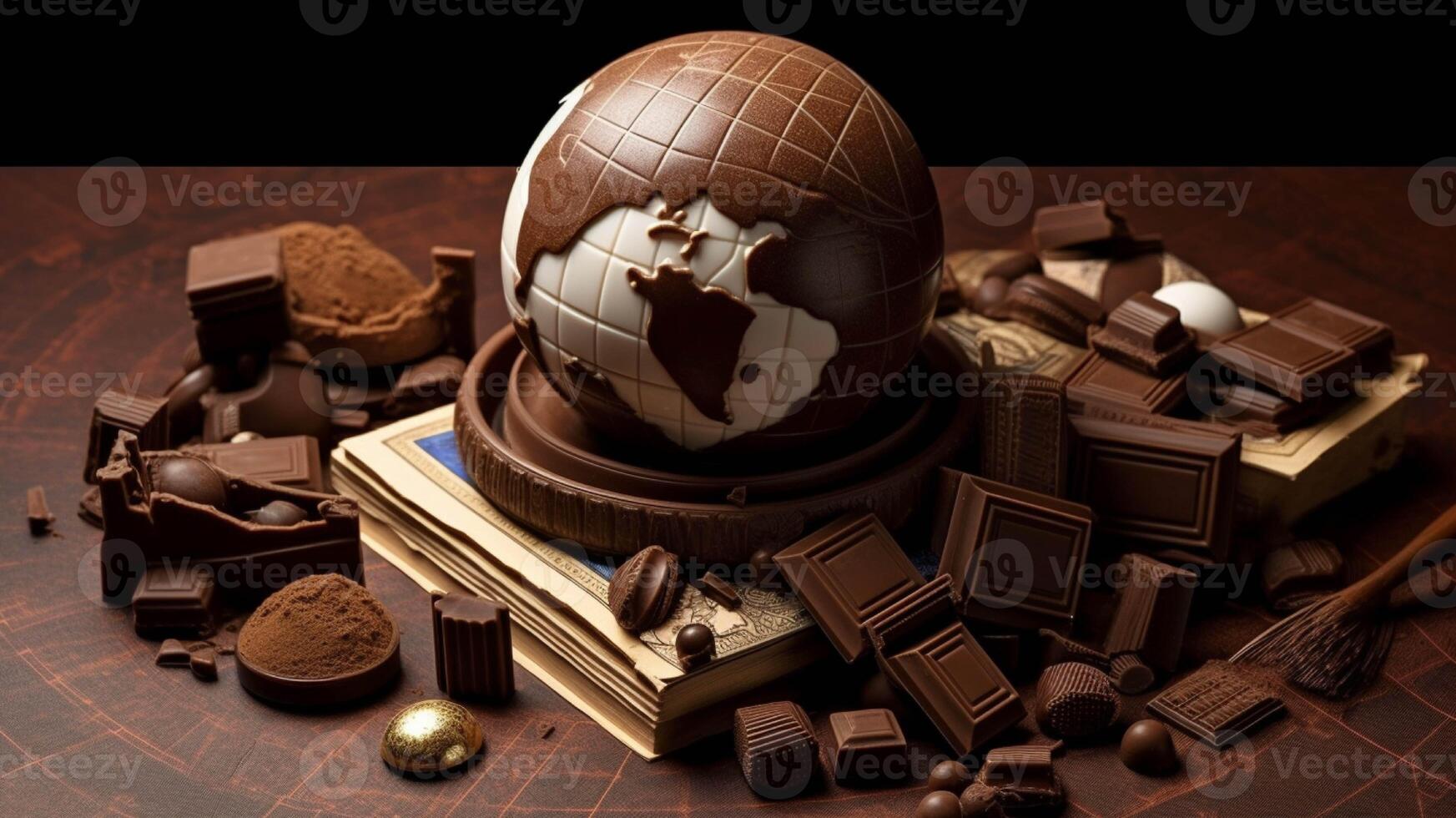 Chocolate and other candies are arranged on a table generated with AI photo