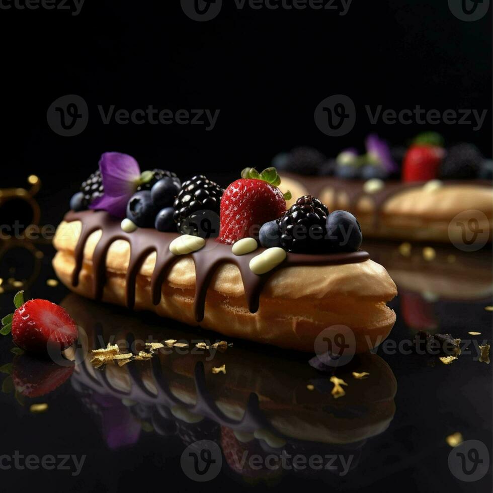 A eclairs with berries and chocolate cream on top generated with AI photo