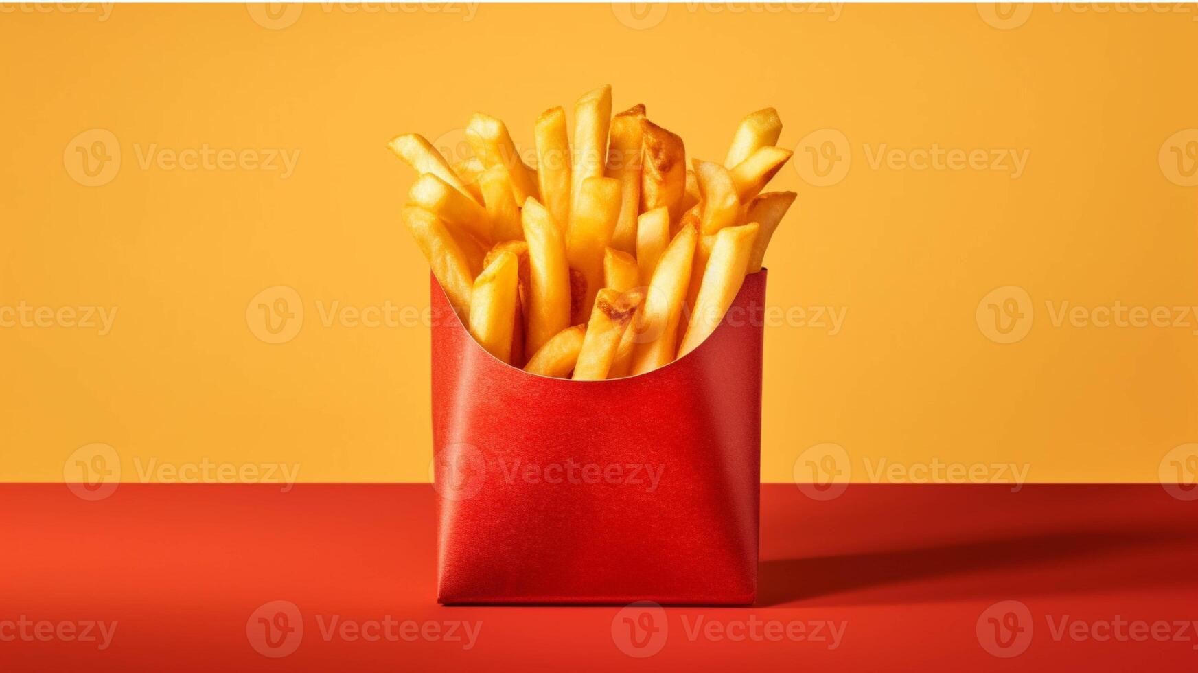 French fries in a paper box on a red background generated with AI photo