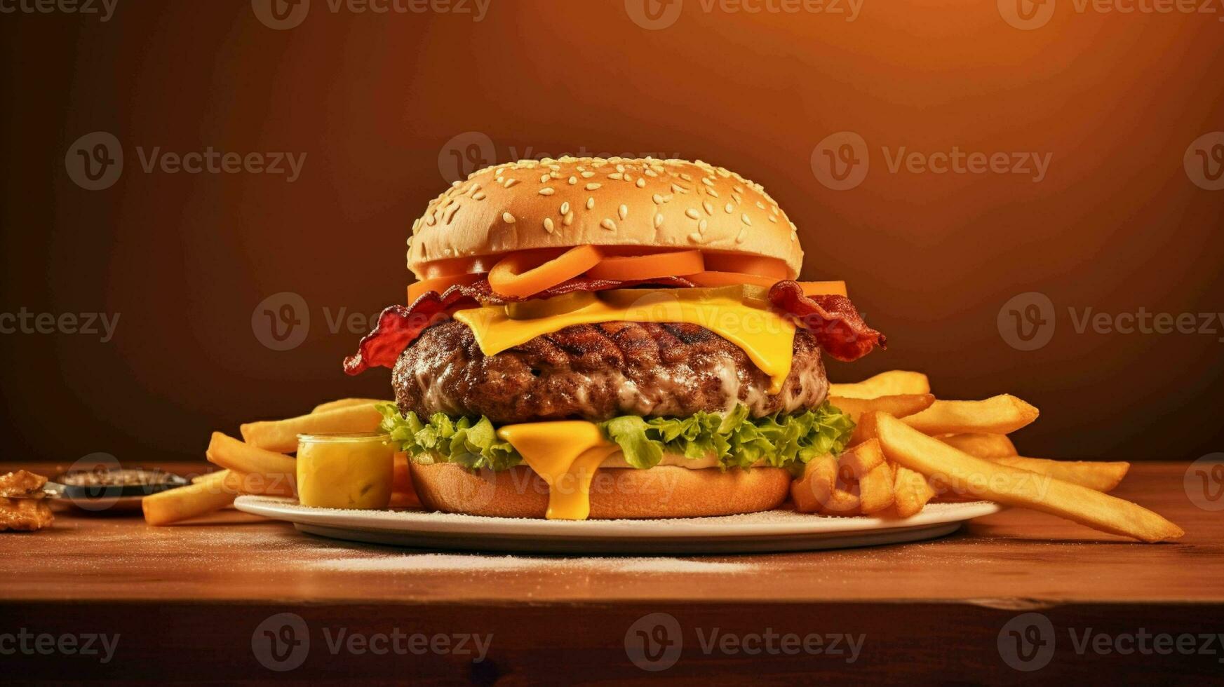 Cheese burger - American cheese burger with Golden French fries on wooden board generated AI photo