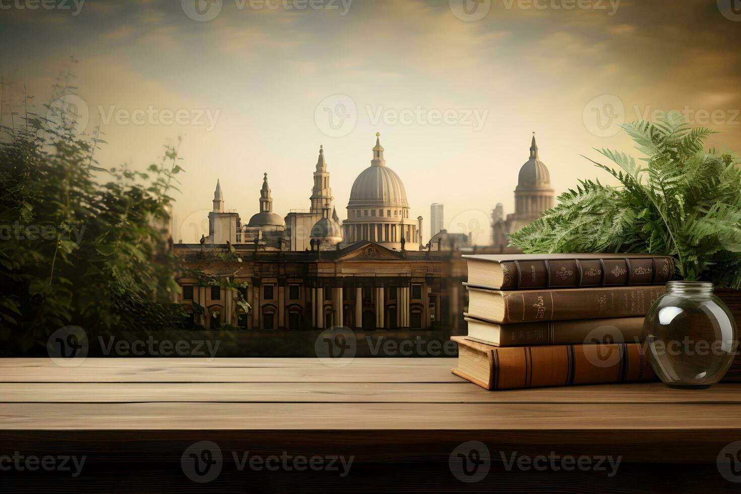 Wooden Tabletop with Book Decor, Ideal Product Background, ai generated photo