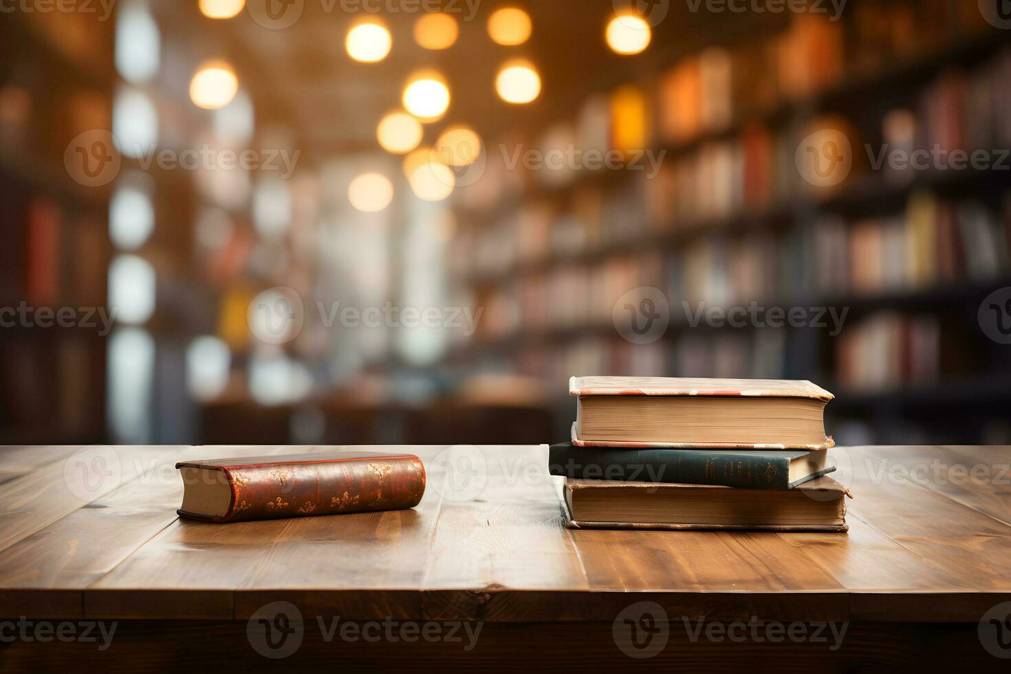 Books on Wooden Table, Perfect Background for Products, ai generated photo