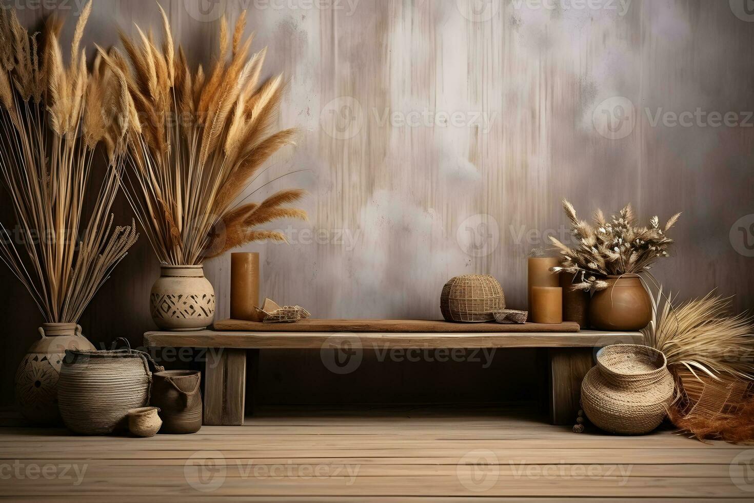 mesa decoración en boho estético, ideal para producto mostrar, ai generado foto