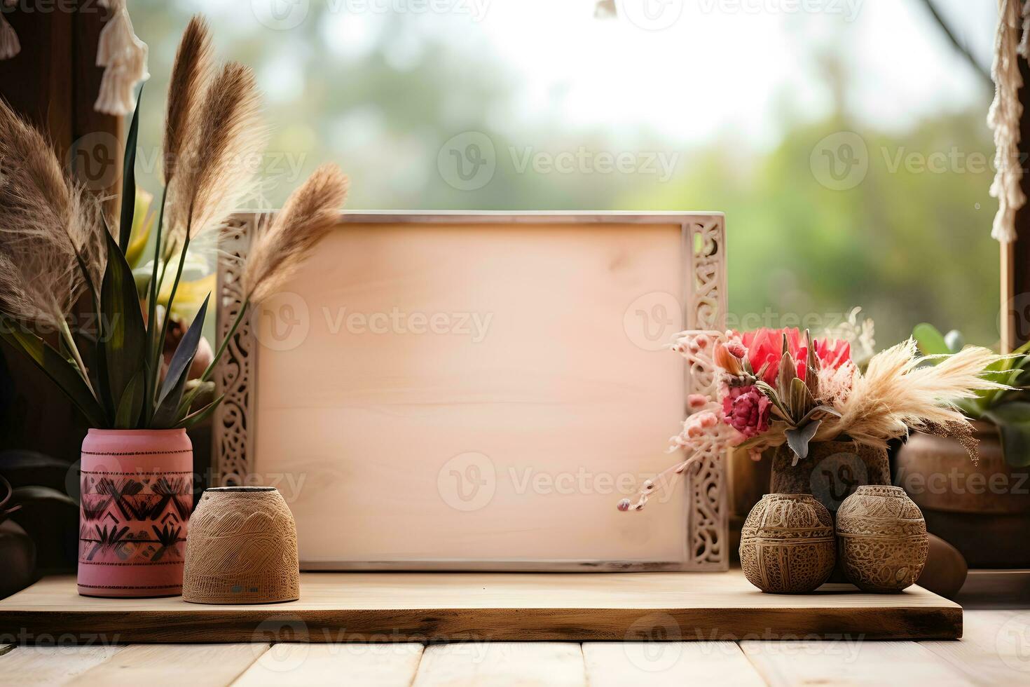 Rustic Boho Decor on Wooden Surface, Product Presentation, ai generated photo