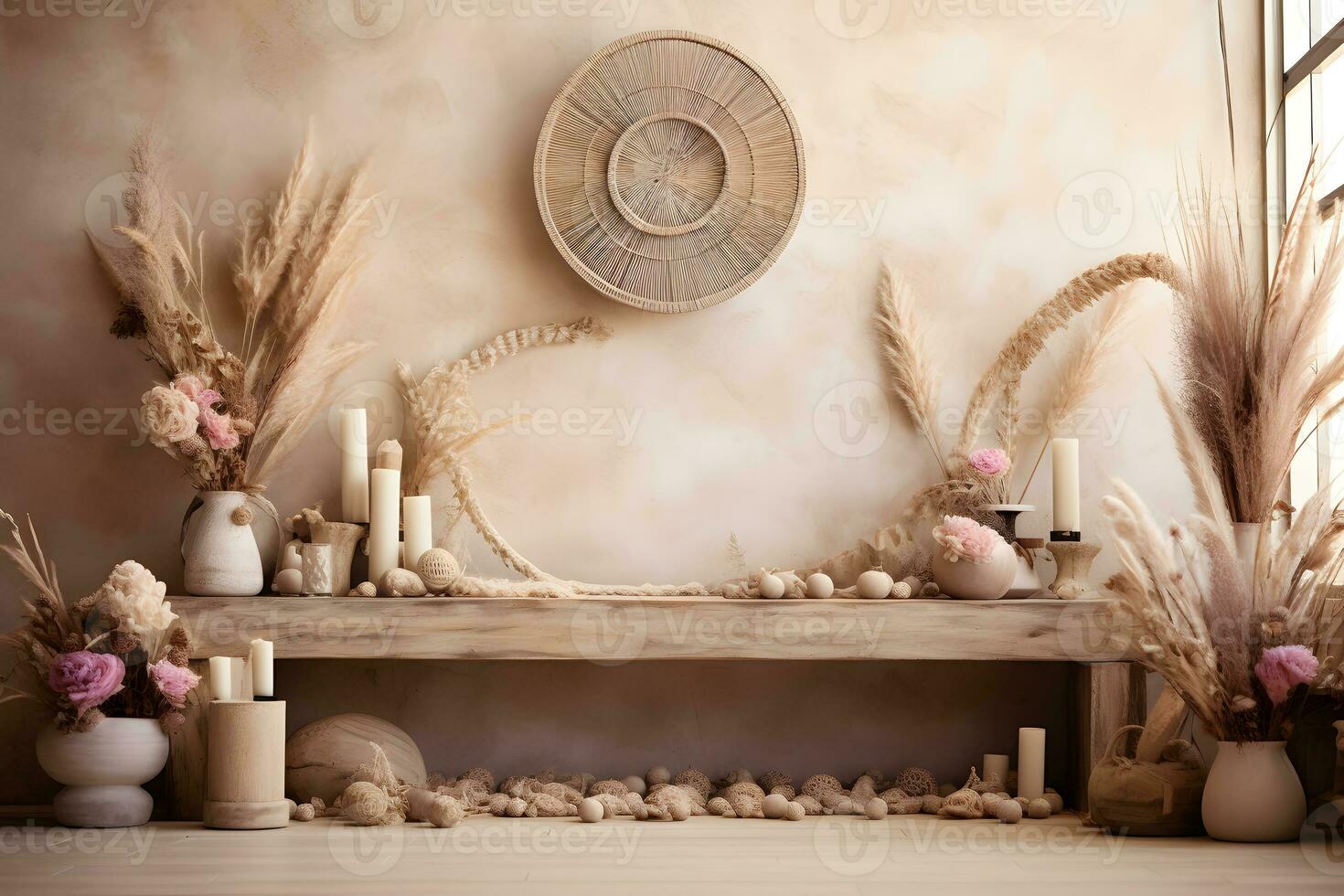 Boho Interior Decor on Empty Wooden Tabletop, Product Showcase, ai generated photo