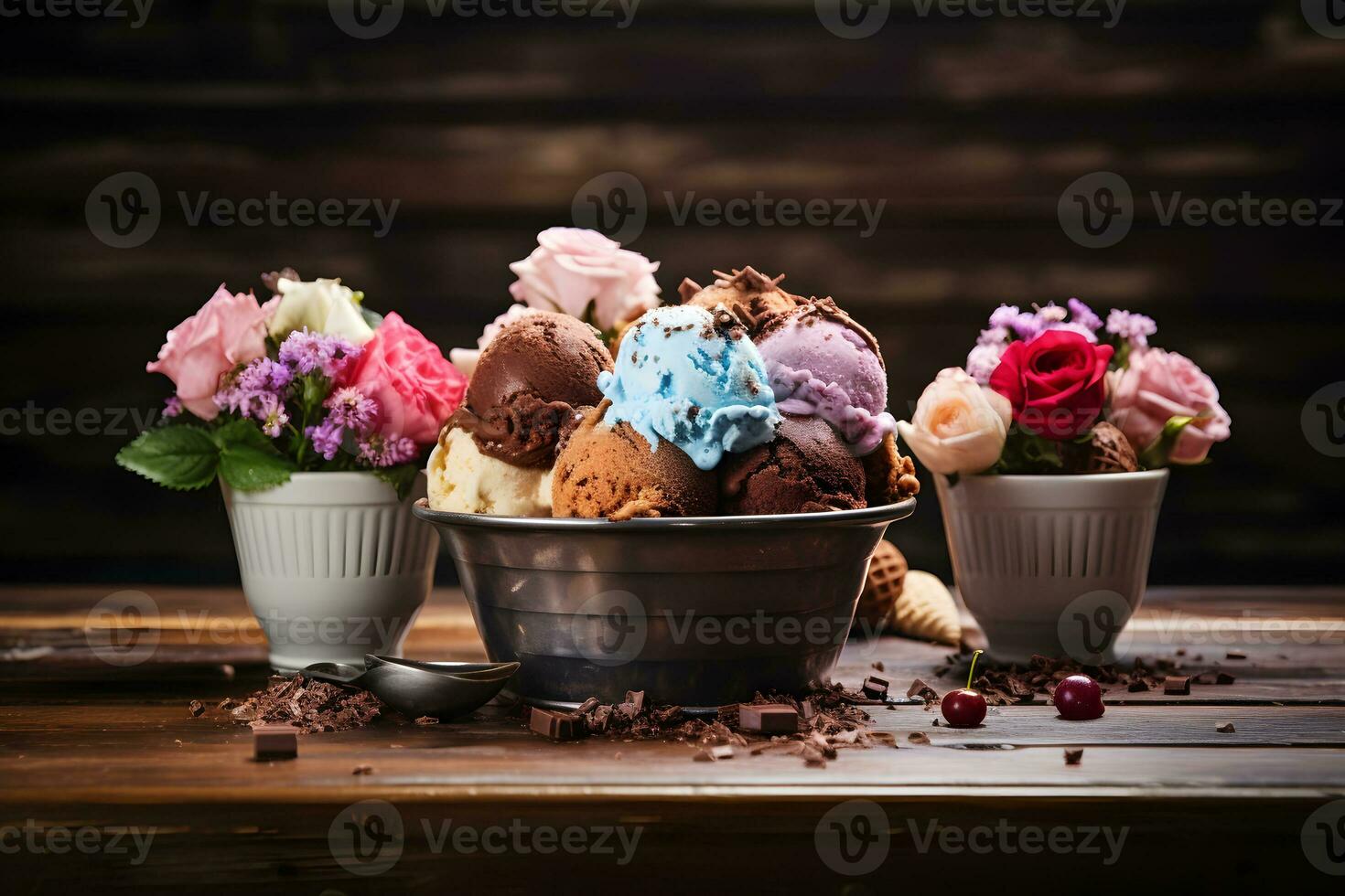 Sensational Ice Cream Decor on  Wooden Surface, ai generated photo