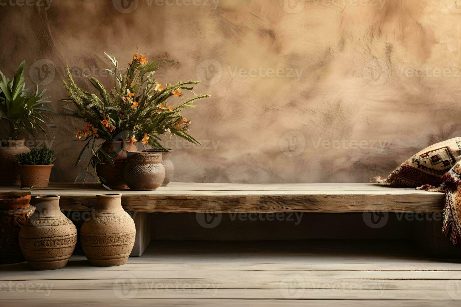 Boho Style Background for Products, Empty Wooden Table, ai generated photo