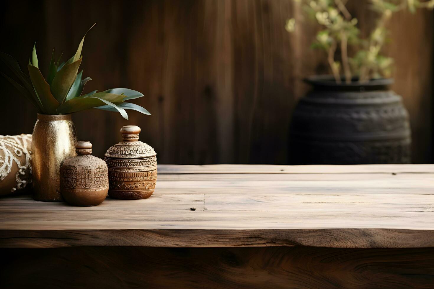 Wooden Table with Bohemian Style, Product Display Background, ai generated photo