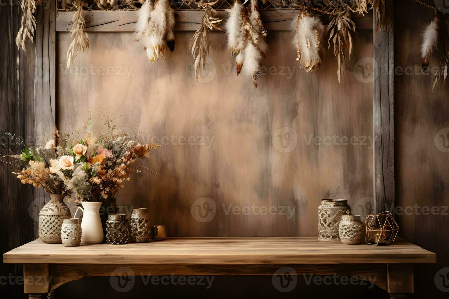 Boho Chic Empty Table Setting for Product Advertisement, ai generated photo