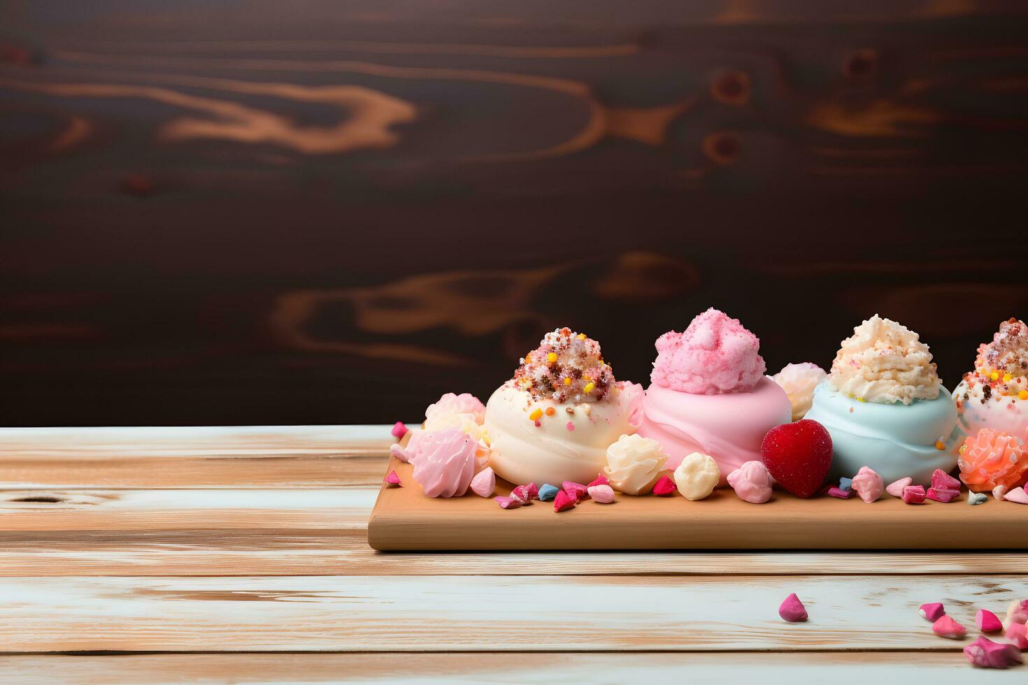 Delectable Ice Cream Decor on Wooden Tabletop, ai generated photo