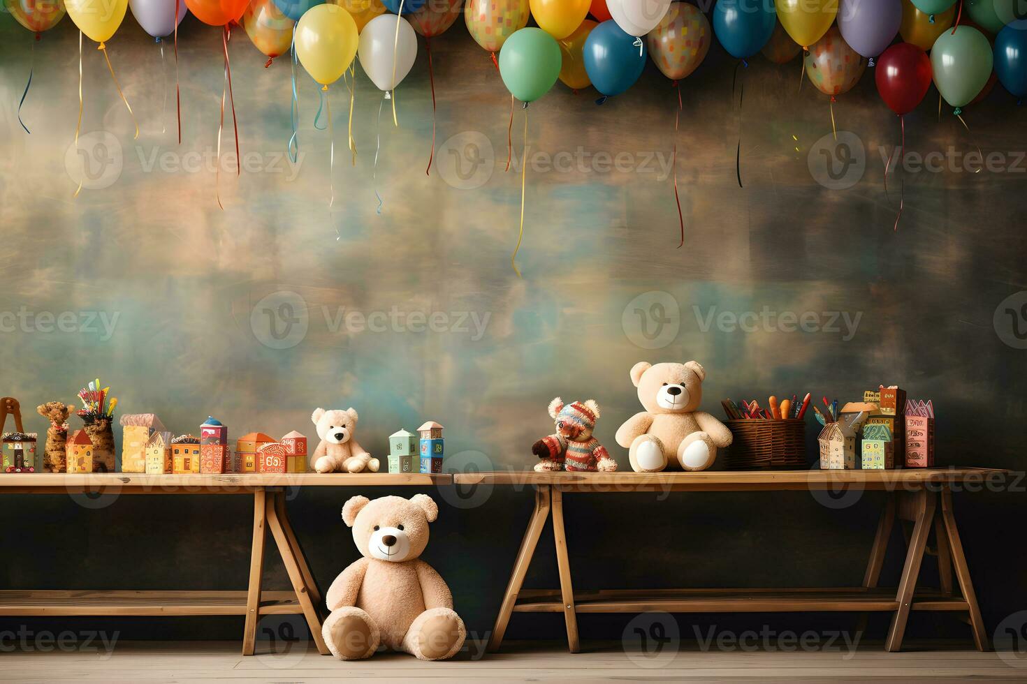 Fun Party Invitations with Bear Decorations and text copy space, ai generated photo